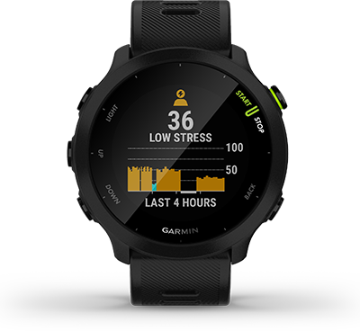 Overzicht watch face stresstracking hardloophorloge Forerunner 55 van Garmin.