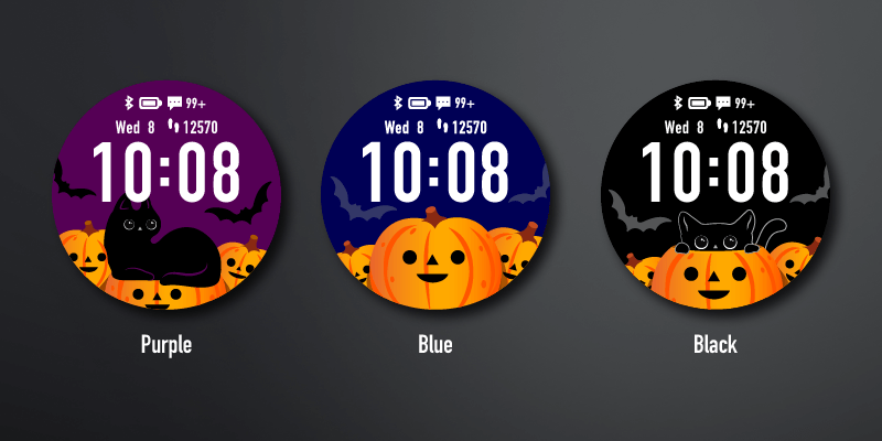 Halloween wathface app van Garmin zwarte kat op oranje pompoenen.